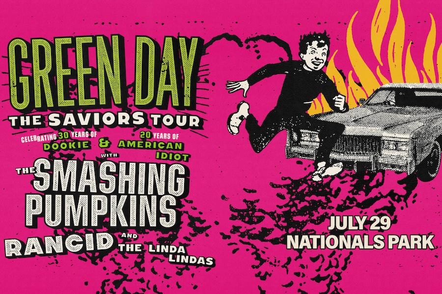 A concert poster for Green Day's 'The Saviors Tour' featuring The Smashing Pumpkins, Rancid, and The Linda Lindas. The poster is bright pink with a cartoon character running from a flaming car. The event date is July 29 at Nationals Park.