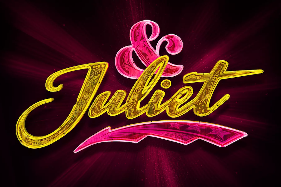 A bright, stylized logo for the musical "& Juliet," with the title in bold yellow and pink lettering against a dark background, featuring swirls and stars.