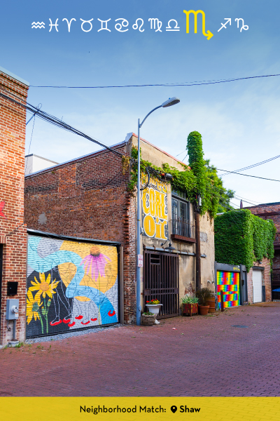 Graphic highlighting Scorpio with a colorful alley mural in Shaw and the caption “Your Neighborhood Match: Shaw.”