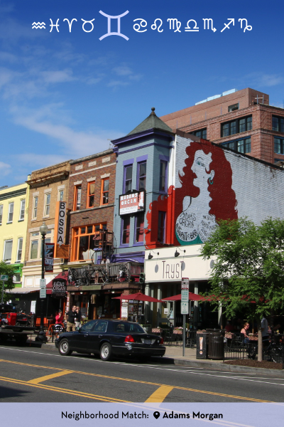 Graphic highlighting Gemini with colorful storefronts in Adams Morgan and the caption “Your Neighborhood Match: Adams Morgan.”