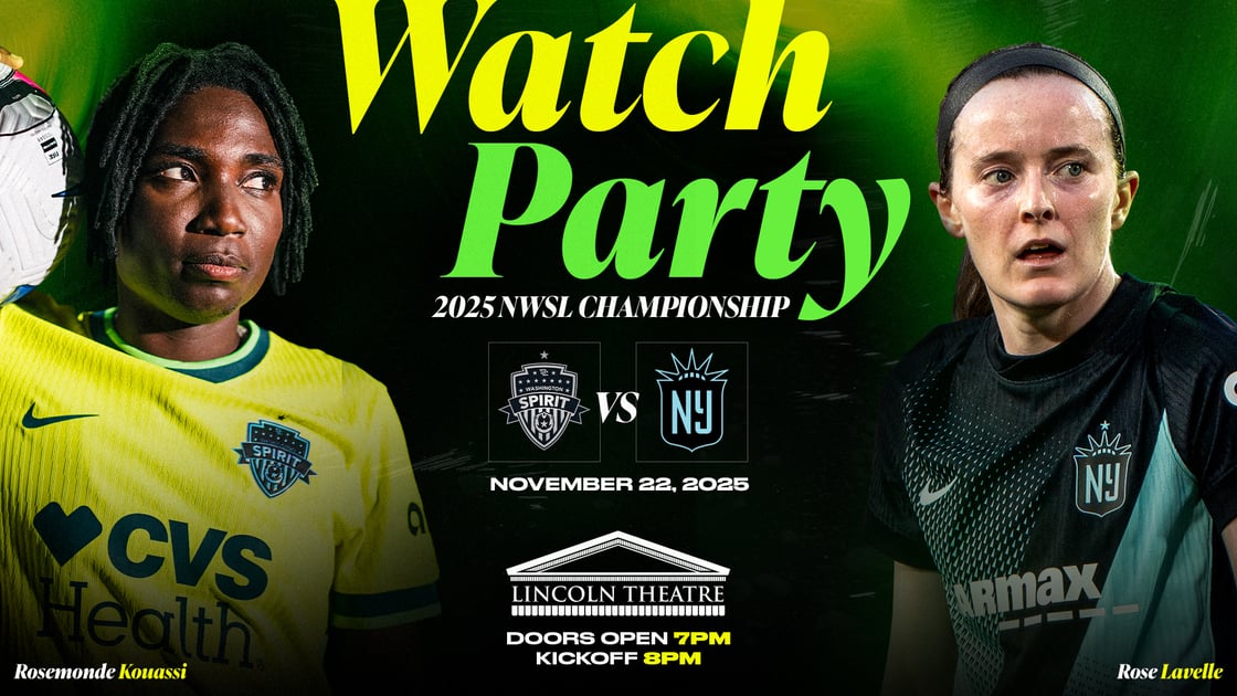 A promotional graphic for a 2025 NWSL Championship watch party in Washington, DC featuring two opposing players, team logos, and event details for November 22 at the Lincoln Theatre.
