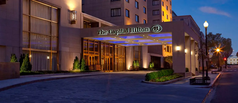 Nighttime at the Capital Hilton in Downtown DC - Historic hotels in Washington, DC