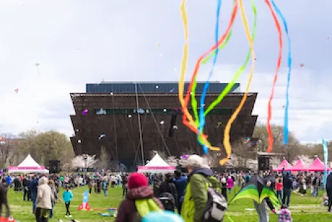 A colorful scene from the Blossom Kite Festival with kites flying in the sky in front of the National Museum of African American History and Culture.