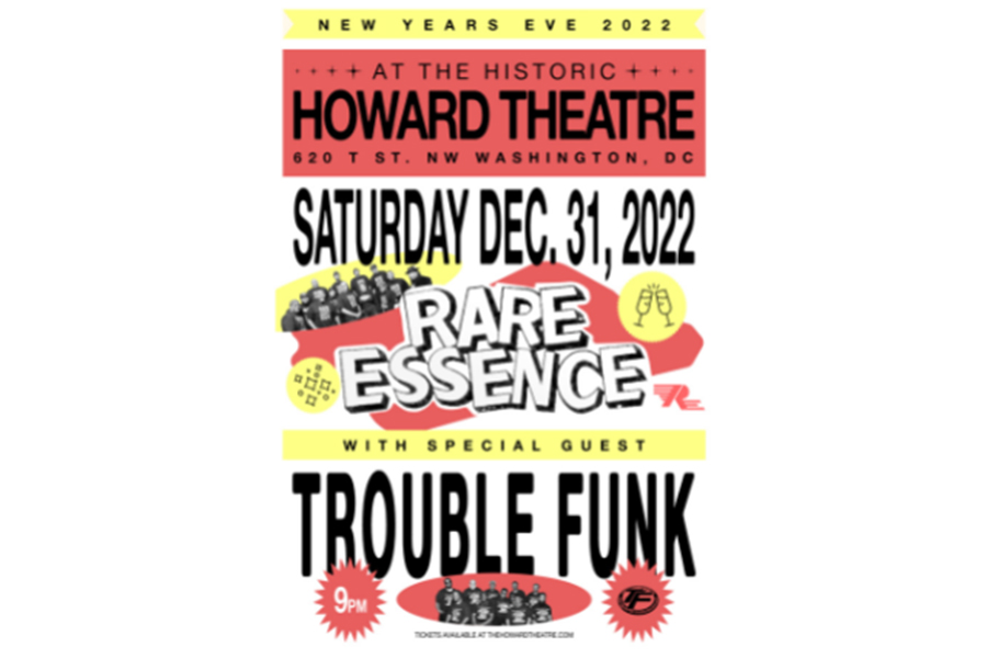 Poster graphic for New Years Eve with Rare Essence + Trouble Funk event