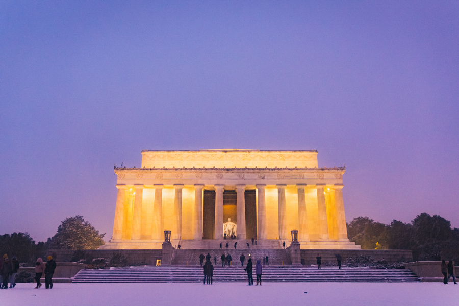 The Lincoln Memorial in the snow and sunset