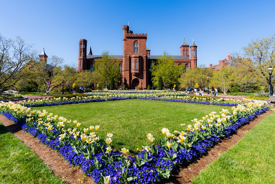 A vibrant garden with colorful flowers surrounds the historic red-brick Smithsonian Castle under a clear blue sky.