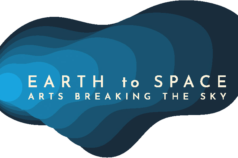 "Earth to Space: Arts Breaking the Sky" logo with layered blue wave design.