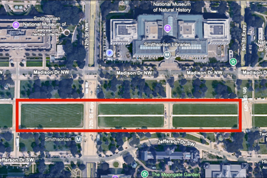 A satellite map view of the National Mall in Washington, DC, with a section near the Smithsonian marked in red for an event location.