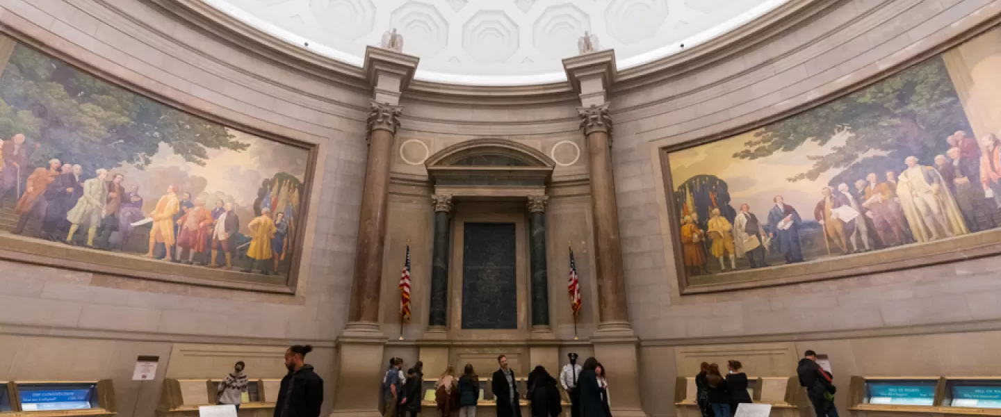 People gathering inside the National Archives 