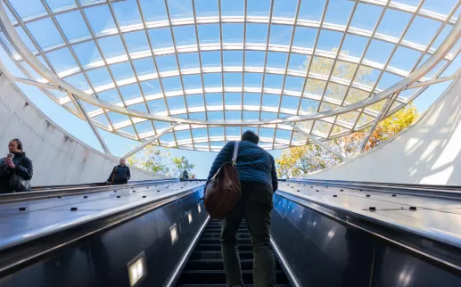 People ride up an escalator towards a skylight with a grid-like structure, revealing a bright blue sky and trees outside.
