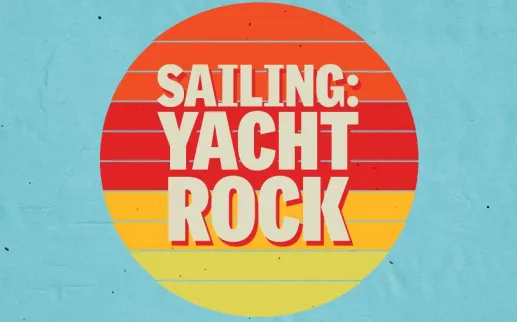 Retro-inspired circular graphic with sunset stripes and bold text that reads “Sailing: Yacht Rock” on a light blue background.
